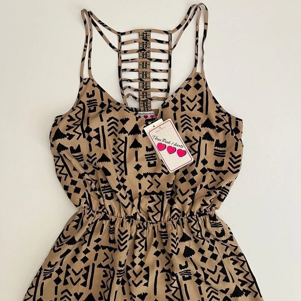 Three Pink Hearts Moroccan Spice‎ Dress, Tan Beige Geometric Dress, Strappy X13